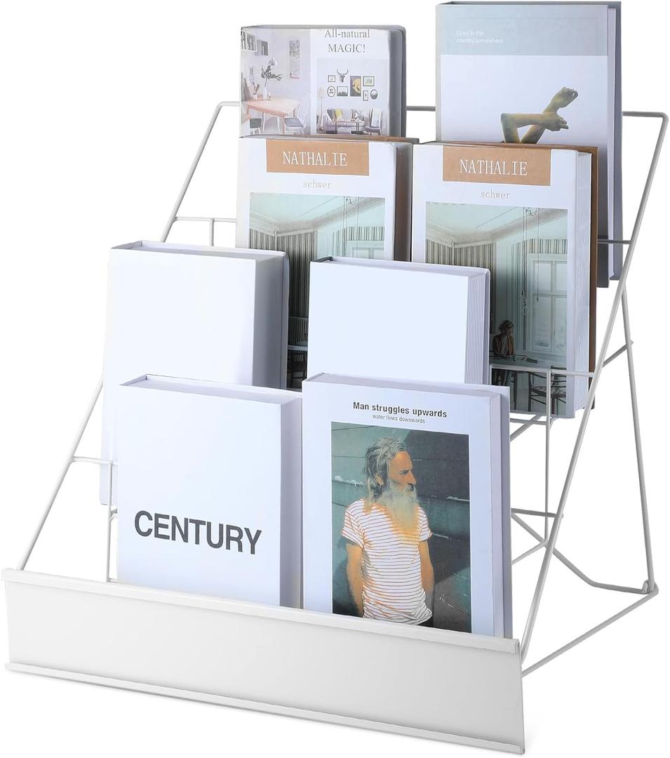 Sintuff Book Display Rack 4 Tier Comic Wire Book Display Rack 18" White Tabletop CD Magazine Retail Countertop Metal Racks for Display Library Classroom Picture Literature