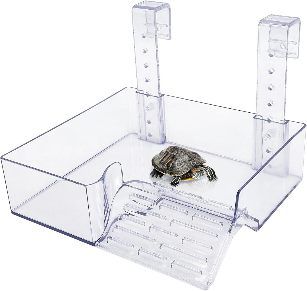PINVNBY Hanging Turtle Basking Platform Adjustable Floating Turtle Dock with Guardrail and Ramp Acrylic Transparent Basking Platform for Aquatic Turtles Tortoise Tank Accessories Decor (Large)