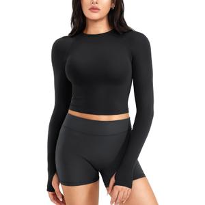 YEOREO Ease Women Workout Gym Tops Basic Long Sleeve Shirt Slim Fitted Casual Stretchy Thin Active Running Yoga Crop Top (Black, L)