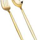 SUT 100PCS Gold Plastic Forks and Spoons Heavy Duty Set, Gold Disposable Silverware, Gold Cutlery, Gold Disposable Utensils, Plastic Flatware Includes Only 50 Spoons