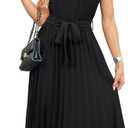 ECOWISH Womens Casual Midi Dresses Solid V Neck Short Sleeve Button Shirt Belted Dress with Pockets for Spring Summer, Black X-Large