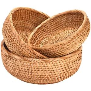 Jucoan 3 Pack Round Rattan Fruits Bread Baskets, Vintage Hand-woven Wicker Fruit Serving Baskets Bowls for Candy, Snack, Keys, Kitchen Countertop, 3 Size