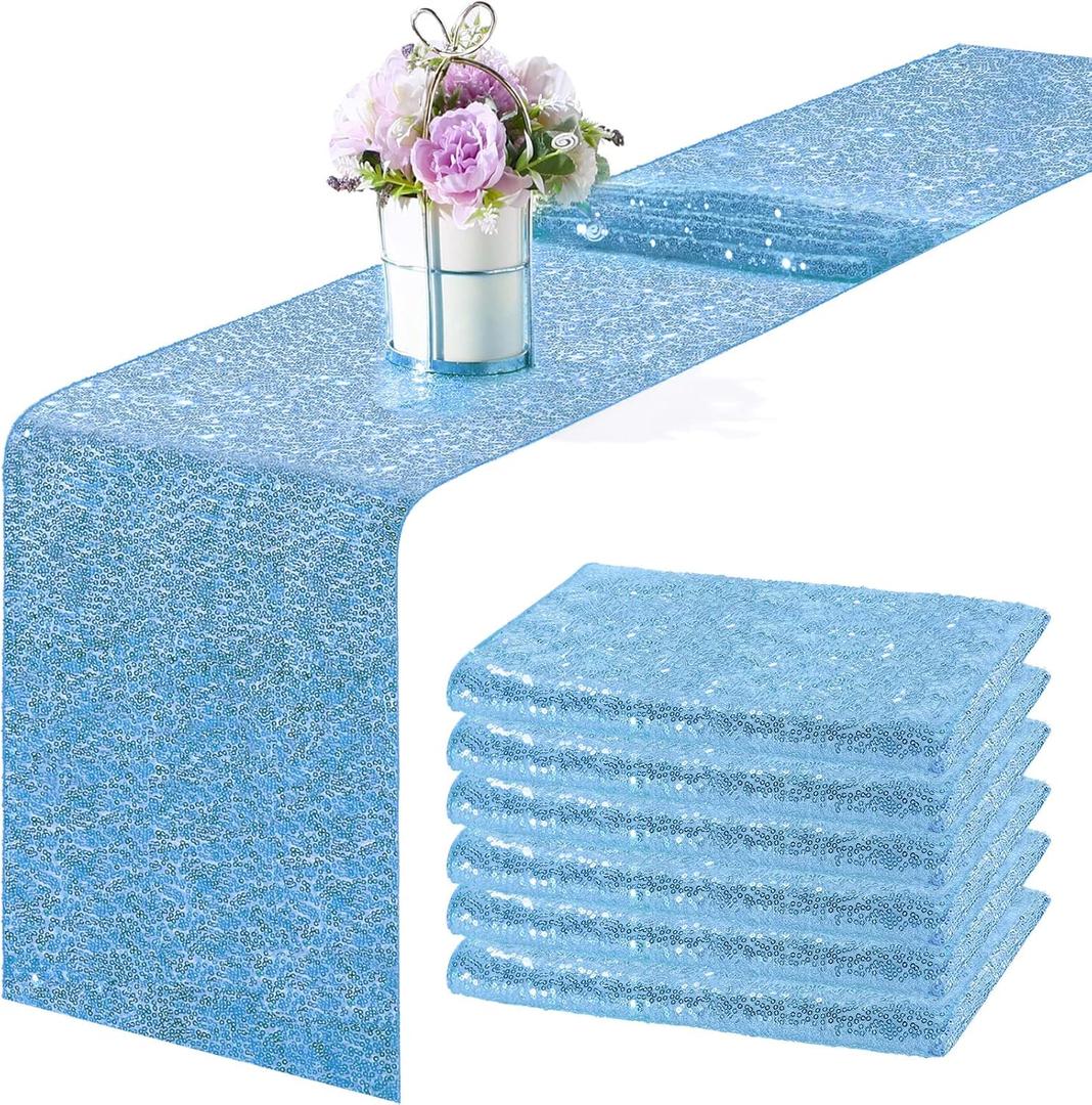 6 Pieces 12 x 108 Inches Lake Blue Sequin Table Runners Glitter Sequin Runner Rectangular Table Cloth for Christmas New Year Birthday Wedding Holiday Party Decorations