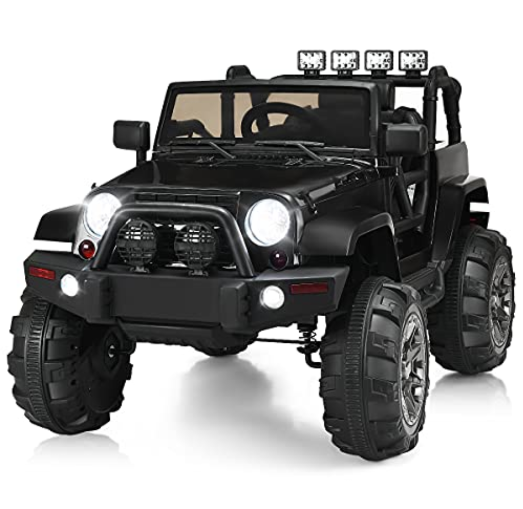 Costzon Ride On Car, 12V Battery Powered Electric Ride On Truck w/Parental Remote Control, LED Lights, Double Open Doors, Safety Belt, Music, MP3, Spring Suspension (Deluxe Black)