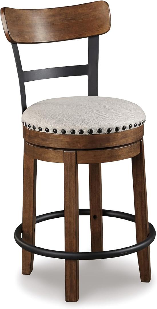 Signature Design by Ashley Valebeck Swivel Barstool With Back, Rustic-Industrial Wood and Metal, 360-Degree Swivel Counter Height Stool for Kitchen Island Seating, Linen Color (Dark Brown)