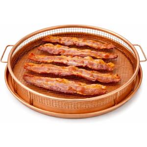 GOTHAM STEEL 2 Piece Copper Air Fryer Tray, Non Stick Air Fry Crisper Baskets for Air Fryers, Oven and Dishwasher Safe, Round Pizza & Bake Pan Frying, PFOA and PFOS Free, Durable & ScratchProof