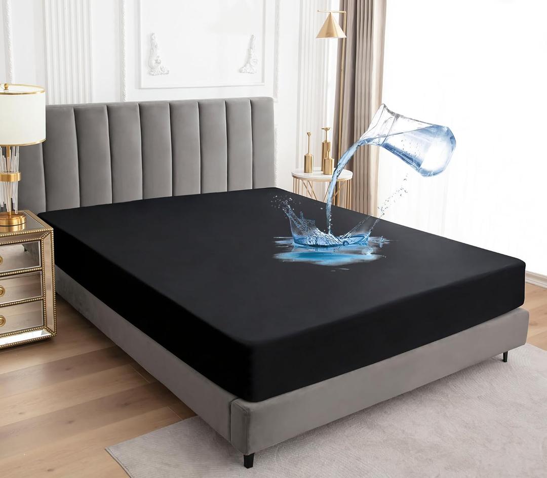 Sufdari Mattress Protector,Waterproof 18" Deep Pocket Mattress Cover Fitted Sheet Style with Elastic Rubber Band,Washable and Easy Care-Black,Queen