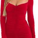 GOBLES Women's Elegant Long Sleeve V Neck Ruched Bodycon Mini Party Cocktail Dress (Red, XL)