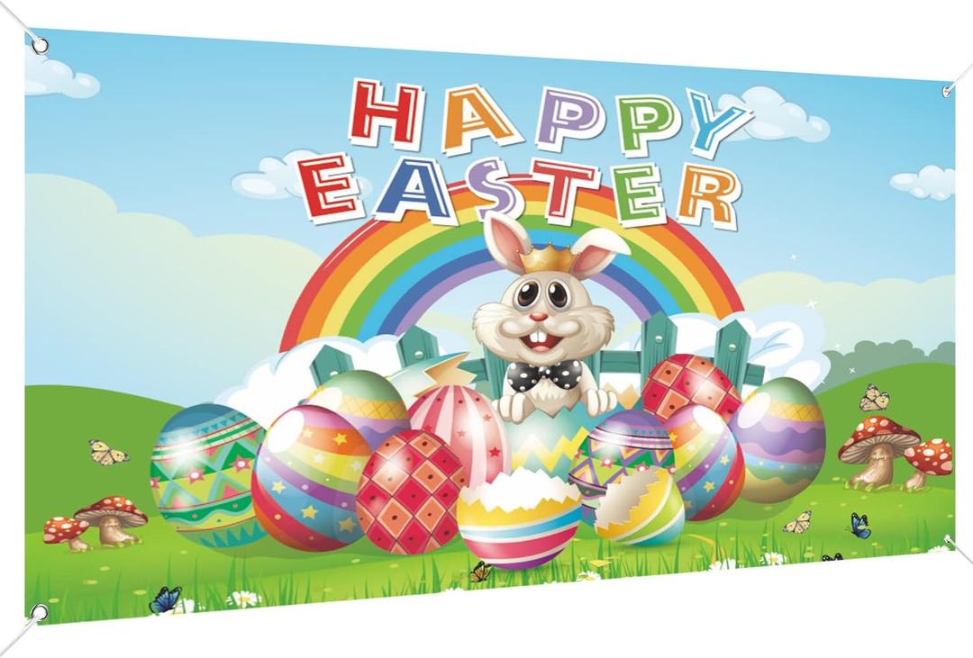 Happy Easter Day Backdrop Banner 78 x 43 inch Large Size Easter Banner Blue Background Banners Easter Party Decorations Supplies for Men Easter Spring Party Decorations Celebration