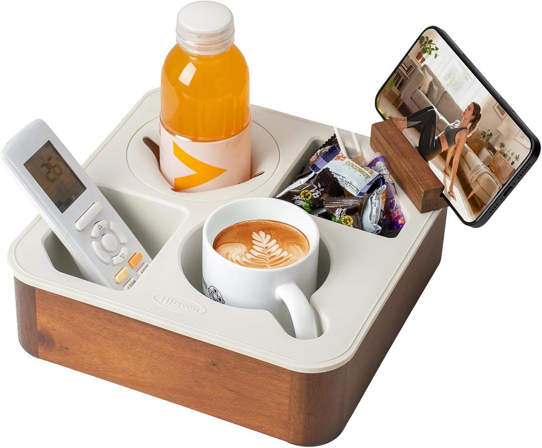 Couch Cup Holder Tray, Acacia Wooden Couch Caddy with Rotatable Phone Holder for Bed Organizer, Waterproof Anti-spill Sofa Cup Holder for Snacks Beverage Remote White (9*9*3 IN)