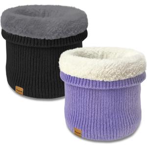 Unisex Kids Fleece-Lined Ribbed Thermal Knit Neck Warmer Gaiter | Dual Layer Winter Scarf Face Cover for Skiing Hiking (Black/Light Purple)