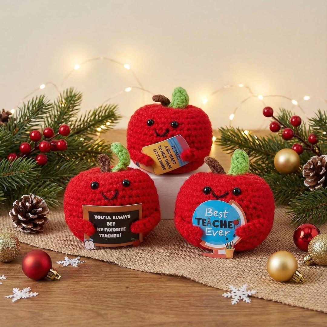 Henoyso 3 Pcs Christmas Teacher Gifts, Crochet with Card, Handmade Crochet Knitting Thank You Gift for Christmas Xmas Home Table Decorations Ornament