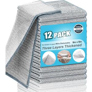 METUUTER 12 Count Non Scratch 3-Layers Wire Dishcloths for Kitchen, Multipurpose Dish Cloth Reusable Dishwashing Rags, Heavy-Duty Cleaning for pots, Pans & Grills