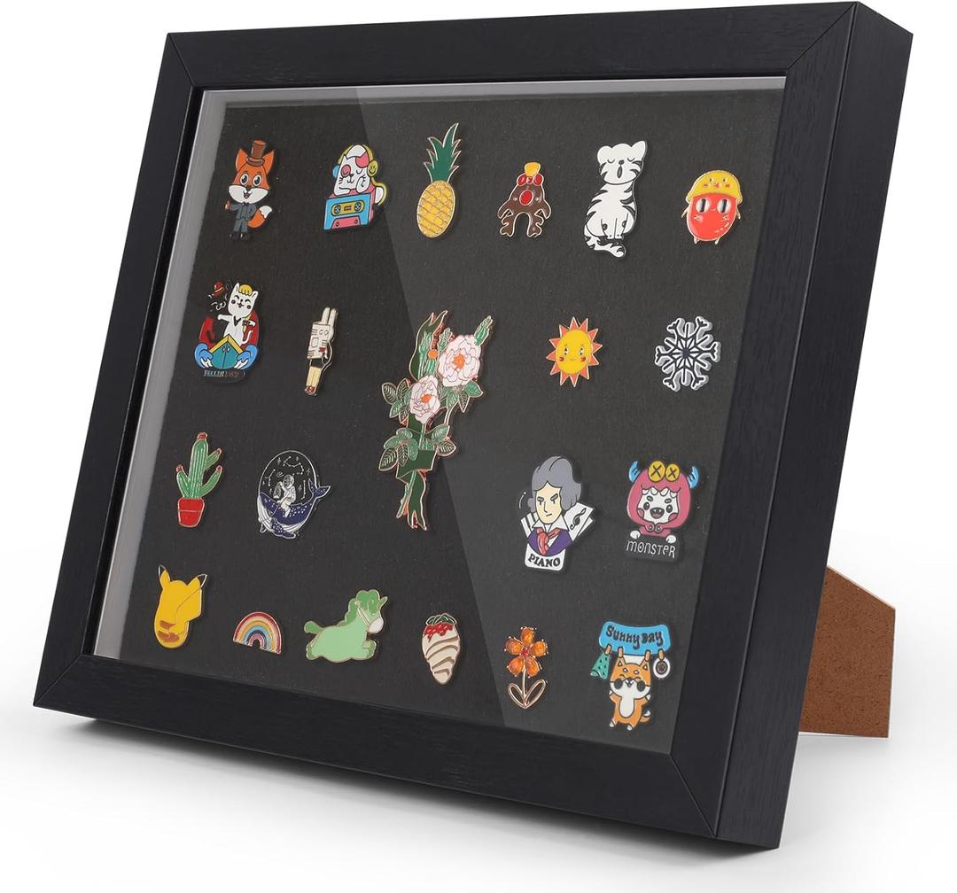 9 x11 Enamel Pin Display Frame with Glass, Shadow Box for Pin Collection ,Enamel Pin Holder, Desktop and Wall Display, Black