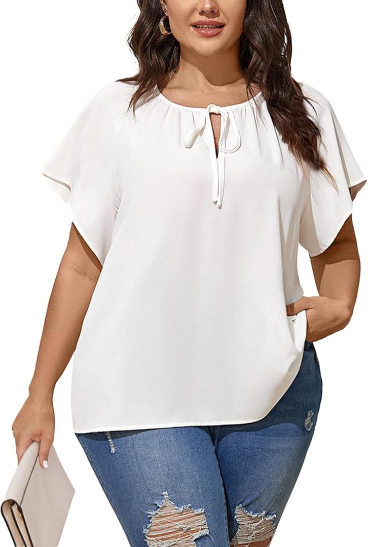 SHESTARR Plus Size Blouses for Women V Neck Short Sleeve Summer Tops Drawstring Blouse Loose Casual Flowy Shirts (White, XL)
