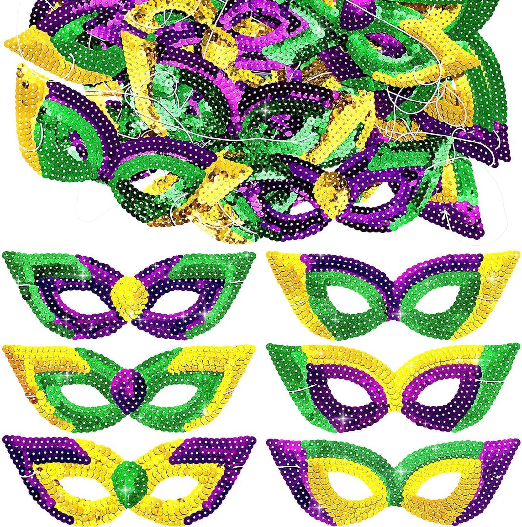 Hanaive 50 Pcs Mardi Gras Masks for Women Mardi Gras Sequin Shining Mask Bulk Masquerade with Elastic Band Photo Props Decorations for Party