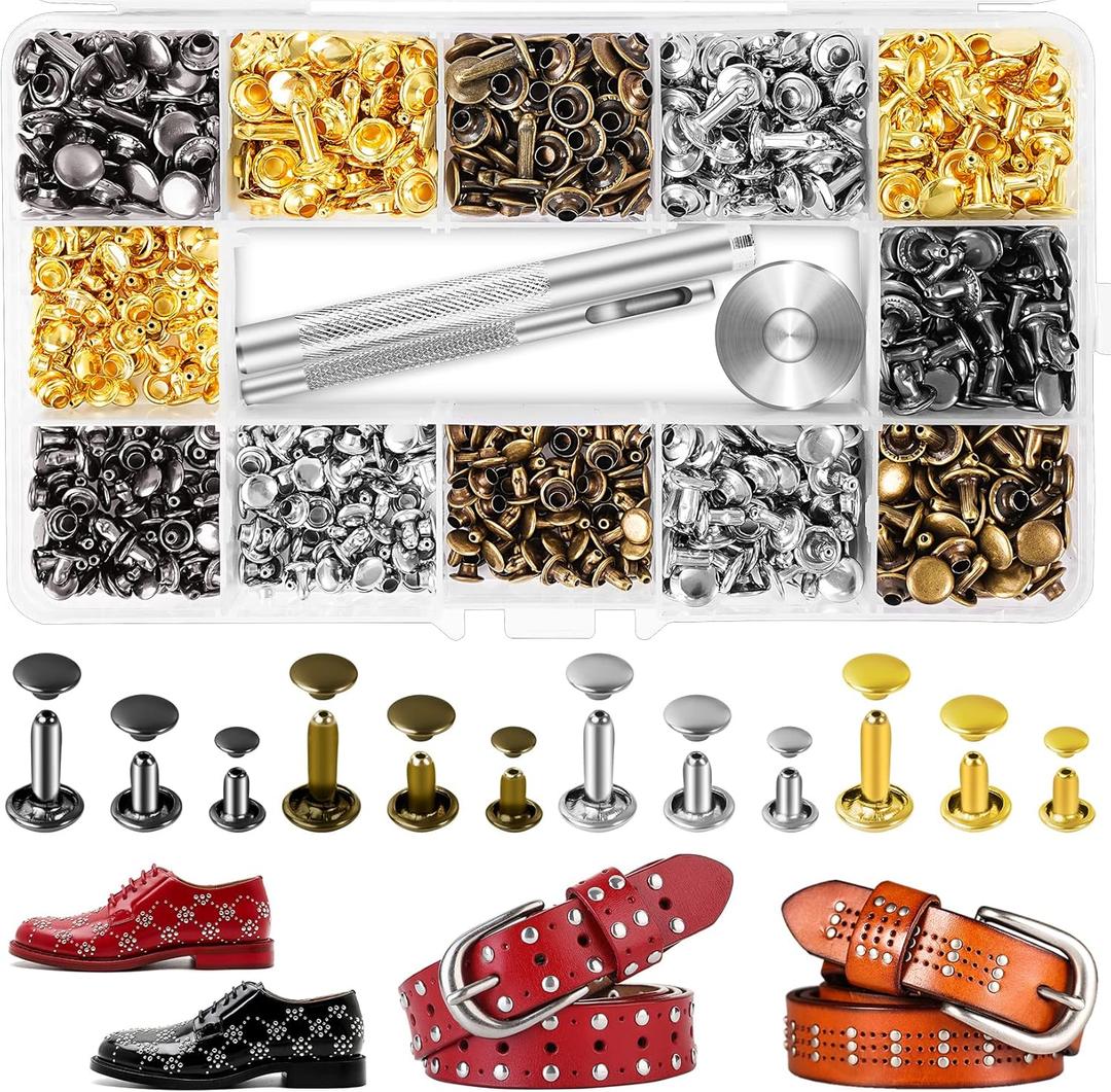 240 Sets Leather Rivets Kit, Double Cap Brass Rivets Leather Studs with 3PCS Setting Tools for Leather Repair and Crafts, 4 Colors and 3 Sizes
