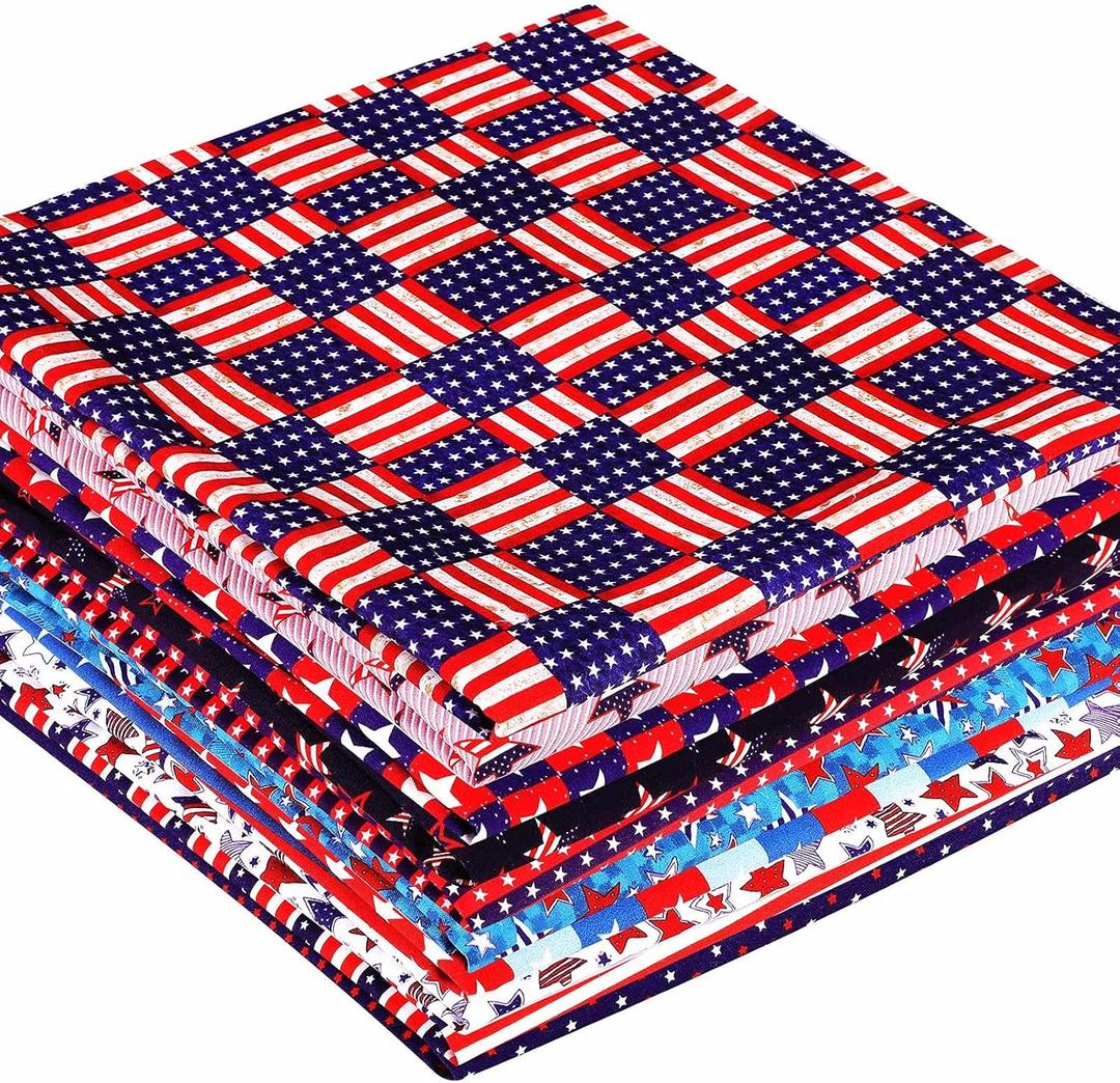 Tatuo 10 Pcs 20 x 20 in Patriotic Fabric Bundle 4th of July Red White and Blue Fabric Squares Independence Day Print American USA Flag Star Pattern Polyester Cotton DIY Craft Patchwork