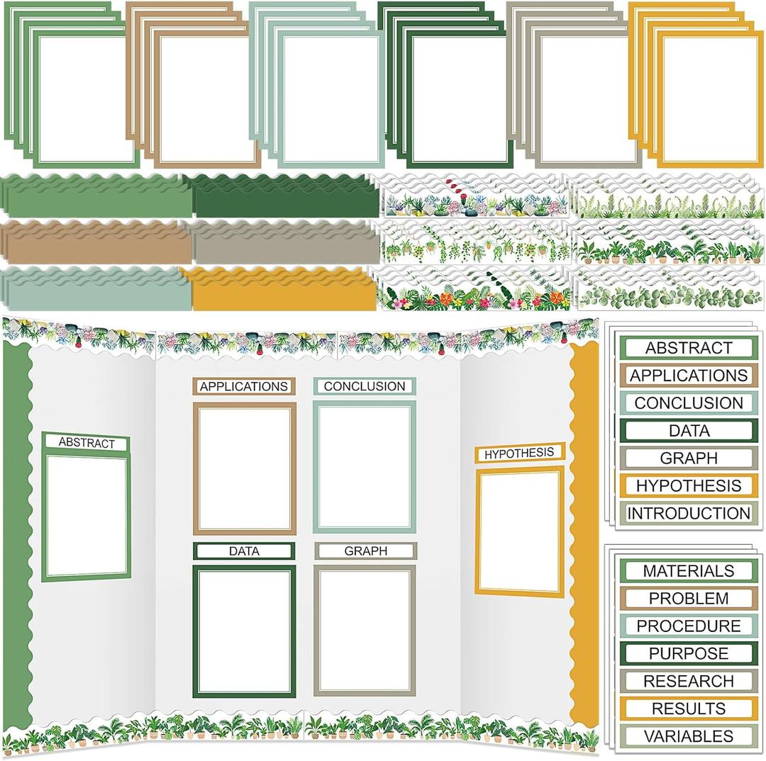 90 Pcs Science Fair Board Supplies 60 Trim Scalloped Bulletin Borders 24 Presentation Board Subtitles 6 Science Fair Titles for Classroom Display Boards (Plant)