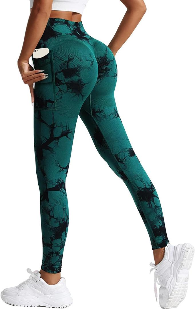 Seamless Workout Leggings for Women High Waisted Tummy Control Gym Yoga Pants Fitness Butt Lifting Leggings (Medium, #6 Tie Dye Green(one Pocket))