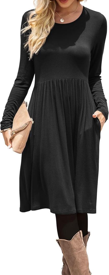 DB MOON Women Casual Long Sleeve Dresses Empire Waist Knee Length Loose Dress with Pockets (XX-Large, Black)
