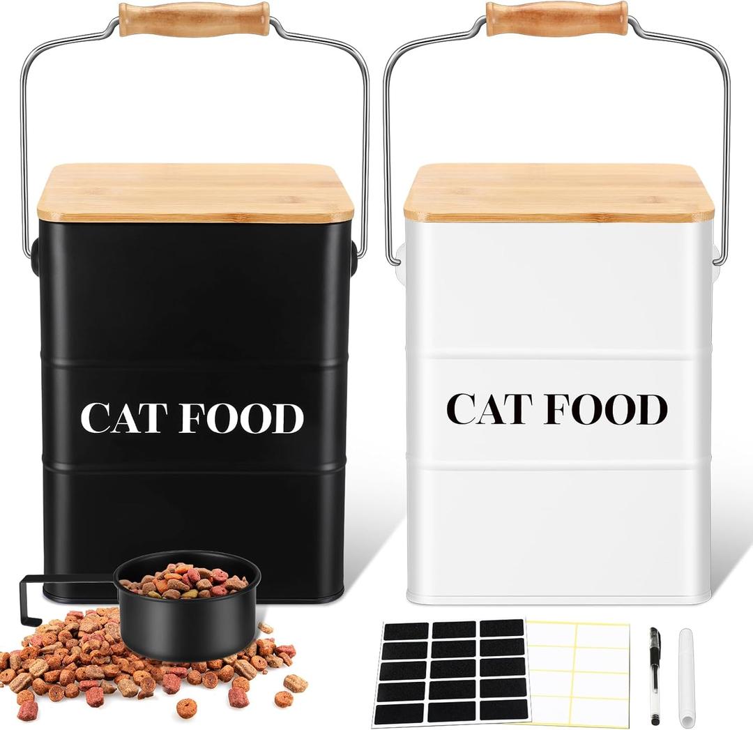 Tioncy 2 Pcs Metal Cat Food Containers with Bamboo Lids and Spoon Airtight 5-7 Lbs Cat Treat Snack Jars with DIY Labels Big Pet Cookie Storage Bin for Kitchen Counter (Black, White)