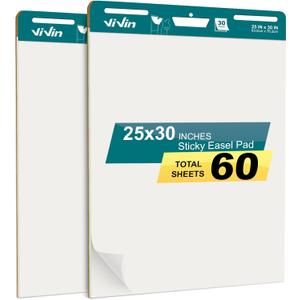 ViVin Super Sticky Easel Pad, 25 x 30 Inches Flip Chart Paper for Teachers, Large Self Stick Easel Paper, Teacher Anchor Chart, 30 Sheets/Pad, 2 Pads/Pack