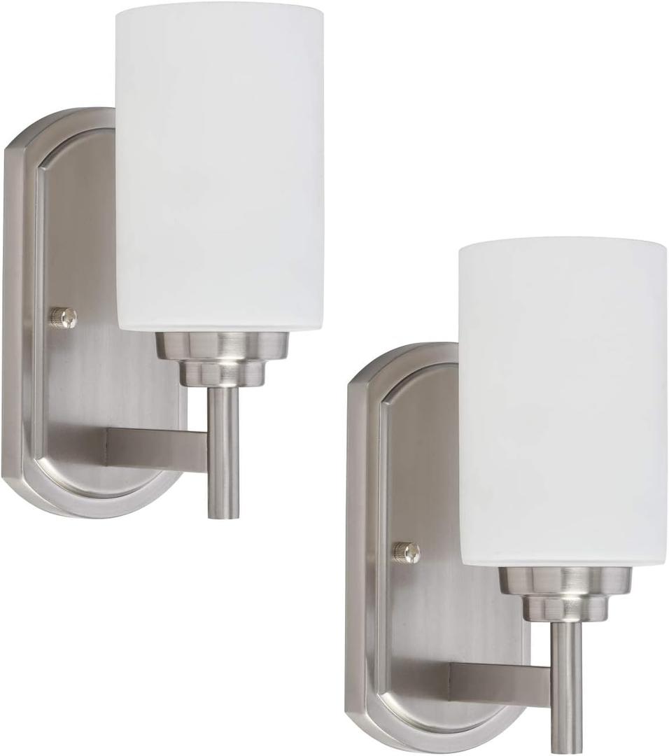Modern Wall Sconces Set of 2, Bathroom Vanity Lights with White Frosted Glass, Wall Lighting Fixtures Satin Nickel for Entryway Over Mirror Living Room Bedroom
