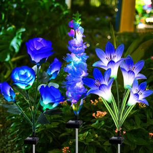 Solar Garden Lights, 3 Pack Waterproof Flowers Lights - Lily Rose Delphinium, 7-Color Changing Outdoor Decor for Garden Yard Patio Lawn (Daylight-Blue)