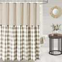 Linen Button Farmhouse Shower Curtain,Linen and Cotton Fabric,Pleated Brown and Beige Plaid Checked Pattern,Country Style,72x72 in
