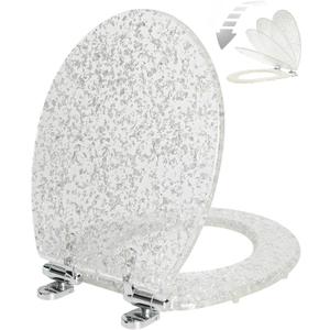 Resin Toilet Seat Round with Easy Clean Adjustable Hinges, Soft Close Quick Release Heavy Duty Silver Glitter Cover Acrylic Toilet Seats (Round 17 Inch, Silver Foil, Upgraded Hinge)