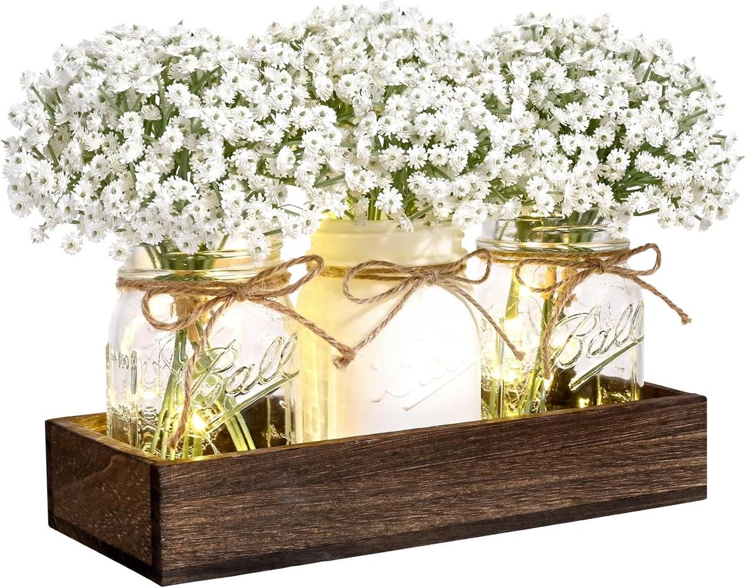 BLEUM CADE Centerpiece Table Decorations - Mason Jar Lights Centerpiece for Kitchen Dining Table Farmhouse Coffee Table Wedding Home Decor with 3 Jars Babys Breath Artificial Flowers & Wood Tray