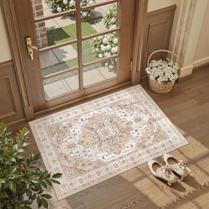 Madane Washable Area Rug 2x3, Small Entryway Rug Non-Slip Vintage Door Mat Indoor Entrance, Low Pile Floor Carpet for Inside Front Door Bedroom Kitchen Entry Laundry (2'x3', Pink)