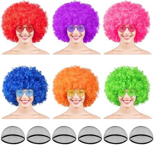 PLULON 6 Pack Colored Afro Wig with Heart Sunglasses Hair Cap for Women Men, Funny Curly Afro Wigs Disco Hippie Party Hairpieces for Halloween Costume Cosplay Party Carnival Music Festival Decor