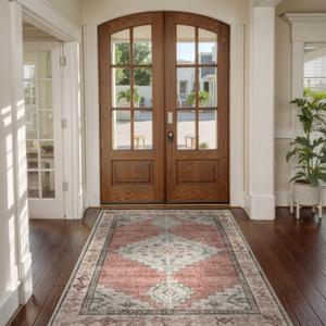 Beeiva Washable Rugs 3x5 Non Slip, Vintage Medallion Entryway Area Rug for Bedroom Indoor Medallion Ultra Thin, Low Pile Distressed Carpet for Kitchen Office Home Decor (Pink & Multi,3'x5')