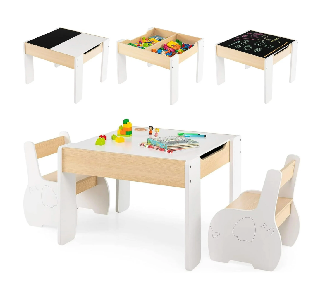 4-in-1 Wooden Activity Kids Table and Chairs with Storage