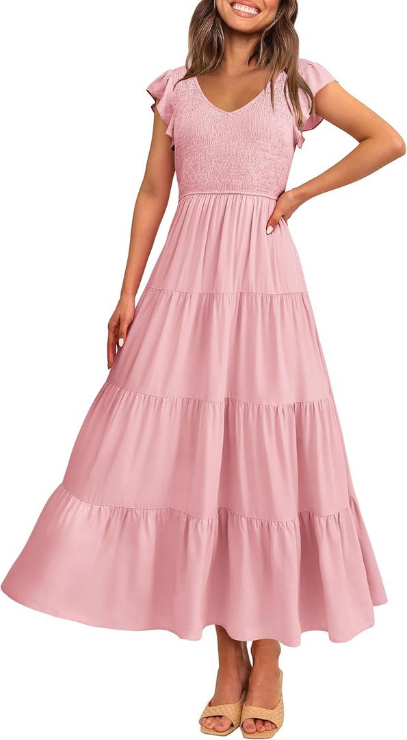 PRETTYGARDEN Women's Summer Flowy Maxi Dress Casual Cap Sleeve V Neck Smocked Beach Sundress,Small