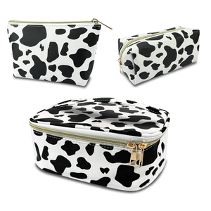 3Pcs Makeup Bag,Travel Makeup Bag,Makeup Bags for Women,Makeup Brush Bag,Large Capacity PU Cosmetic Bag,Waterproof and Durable-Black Cow Pattern