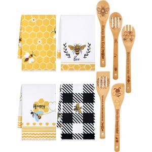Bencailor 9 Pcs Honey Bee Kitchen Hand Towels Honeycomb Bath Tea Towels Polyester Dish Cloths Absorbent with Cute Wooden Spoons for Kitchen Bathroom Home Decor, 16 x 24 Inch(Bee)