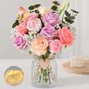 Livole 22Pcs Fake Flowers in Vase Silk Artificial Flowers with Vase & Light Fake Plant Eucalyptus Flower Arrangement for Table Centerpieces Decor for Living Room Coffee Home Farmhouse Purple