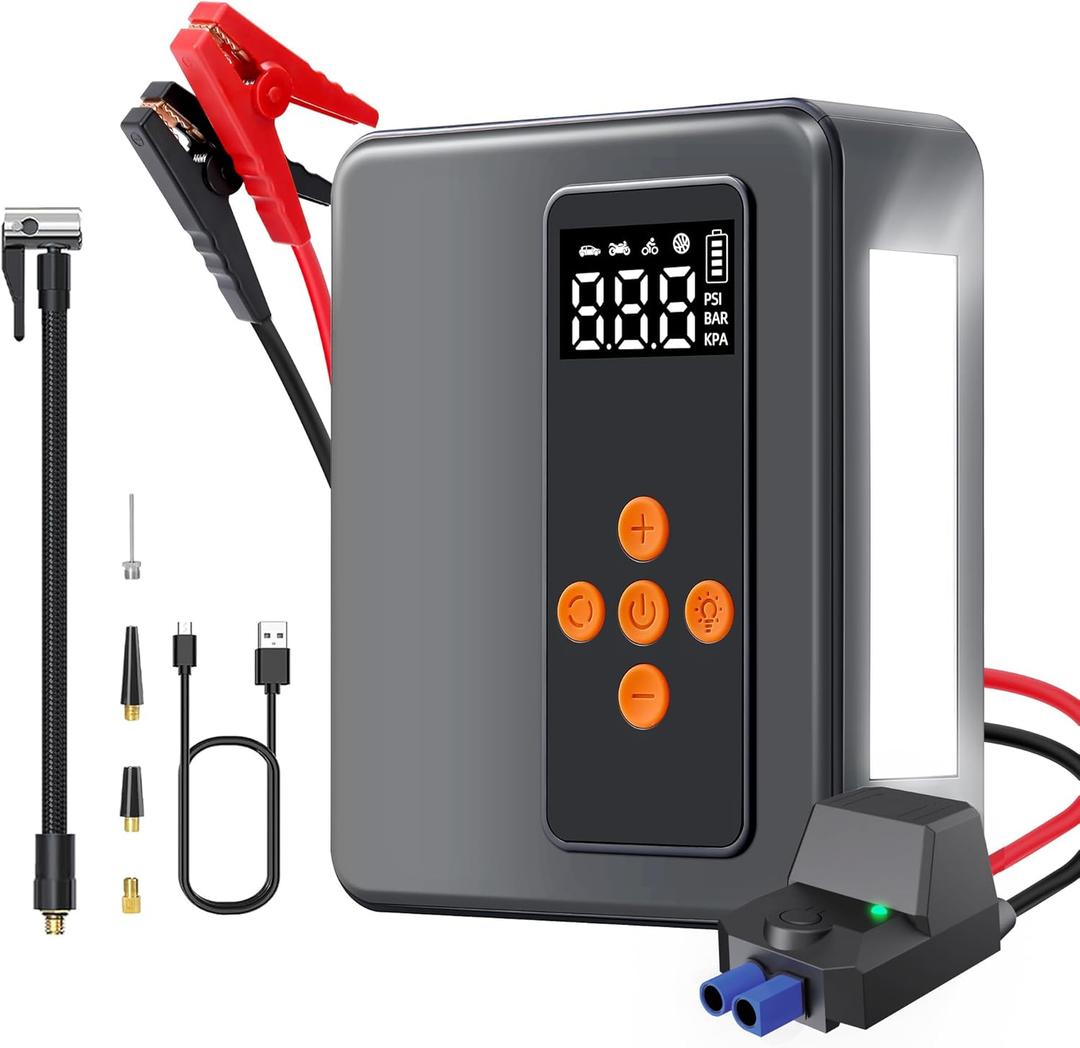 Jump Starter 8000A Peak with 200PSI Air Compressor, Portable Battery Charger for All Gas 12L Diesel Engines, Tire Inflator Combo, Power Station with LED Flashlight, Roadside Emergency Tool, Gifts