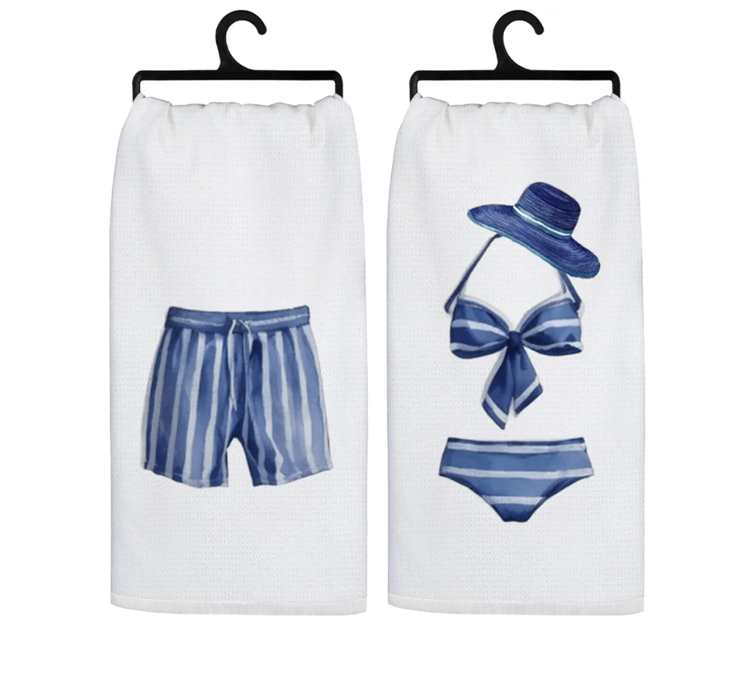 Summer Beach Kitchen Towels, Blue Striped Beach Swimsuits Decorative Hand Towels for Bathroom, Coastal Nautical Beachy Dish Tea Towels for Kitchen, 16x24 Inch Set of 2