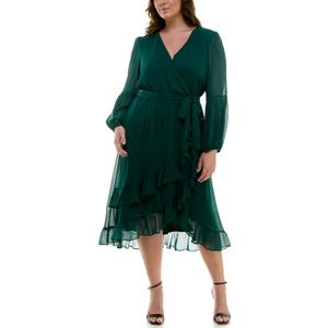 Maison Tara Women's Long Sleeve V-Neck Chiffon Faux Wrap Ruffle Hem Midi Dress (Green, XL)-  Size: 14 Plus