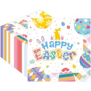 4 x 50Pcs Happy Easter Paper Napkins - Cartoon Colorful Eggs Bunny 13 x 13 Inches Luncheon Napkins Disposable Dessert Dinner Hand Napkins for Easter Birthday Party Supplies
