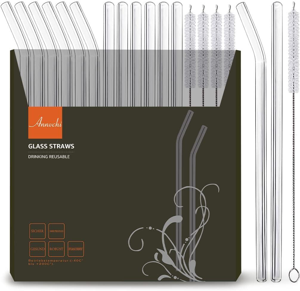 16 Pack Reusable Glass Straws,Set of 6 Straight and 6 Bent with 4 Cleaning Brush,Perfect for Smoothies,Tea, Juice, Milkshakes(8.5''x10 MM)