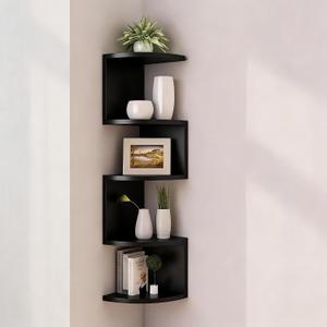 No-Drill Corner Shelf Wall Mount, 5-Tier Floating Corner Bookshelf with Hooks, Space-Saving Zigzag Plant Shelf for Bedroom, Living Room, Bathroom, Home OfficeBlack