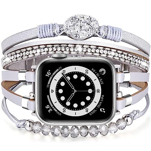 VISOOM Beaded Boho Bracelet Compatible for Apple Watch Band 46mm/45mm/44mm/42mm Series 11 10 9 8 7 SE Series 6/5/4 Women Leather Fashion Cute Handmade Multilayer Wrap Watch Straps for iWatch Bands 3/2/1