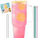 40oz Glass Tumbler, 3 Glass Straws, Natural Lid, Slender Handle, Elevate Your Style, Coffee Cup, Water Bottle, To Go, Reusable, All Natural, No Plastic