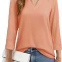 YUCOLEN 3/4 Sleeve Tunic Tops for Women V Neck Collared Shirts Chiffon Work Blouses Dressy Casual (Orange, L)