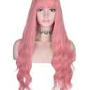Long Wavy Pink Wig with Bangs for Women Heat Resistant Synthetic Hair Wigs for Daily, Cosplay Events (Pink)